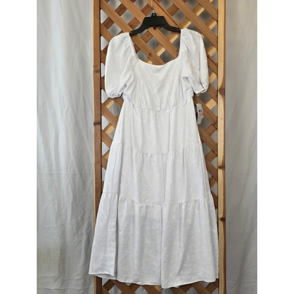 R&M by RM Richards Midi Dress Womens 10 White Eyelet Tiered Puff Sleeve -New - Picture 1 of 5